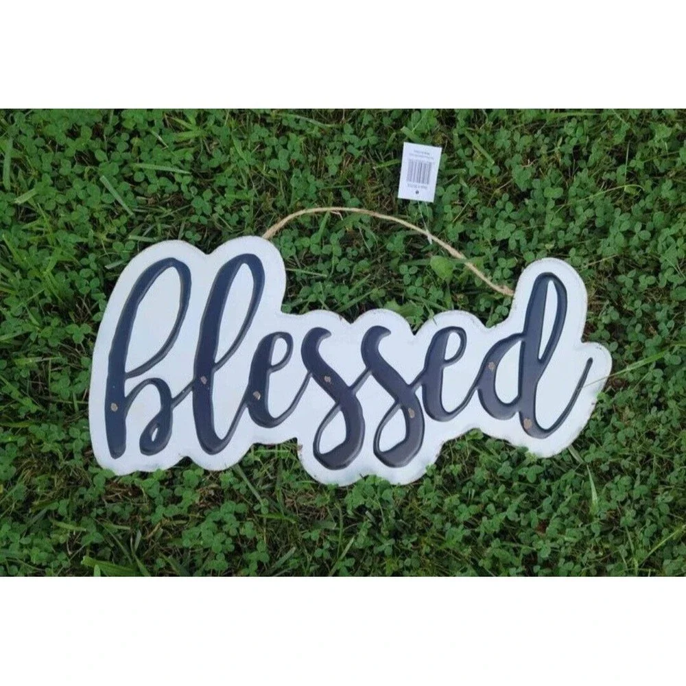 Blessed in Cursive Rustic Enamel Cutout Sign 3D Look Wall Hanging Decor‎ 22 x 10
